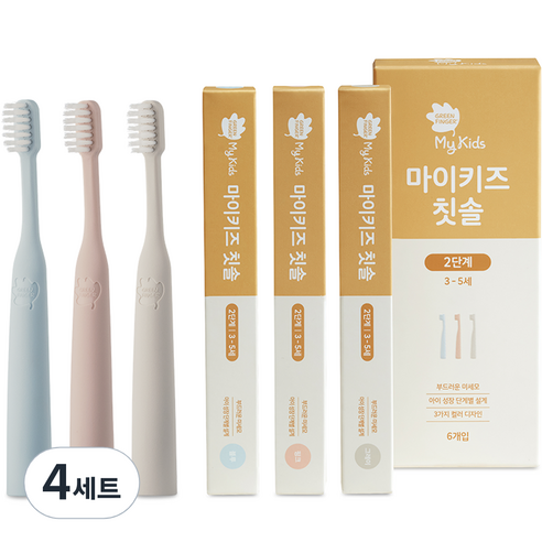 그린핑거 마이키즈 2단계 유아 칫솔, 그레이, 블루, 핑크, 6개입, 4세트