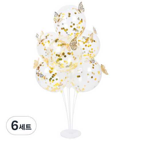 파티쇼 풍선꽂이 70cm 컨페티 풍선 원형 1개 + 나비데코 2개 세트, 골드, 6세트