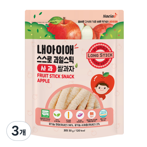 내아이애 유기농 스스로 과일 롱스틱 30g, 사과, 3개