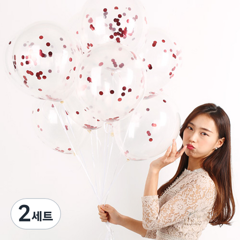 파티해 메탈릭 컨페티풍선 20p + 손펌프 랜덤발송 +컬링리본 + 스펀지닷 세트, 레드, 2세트