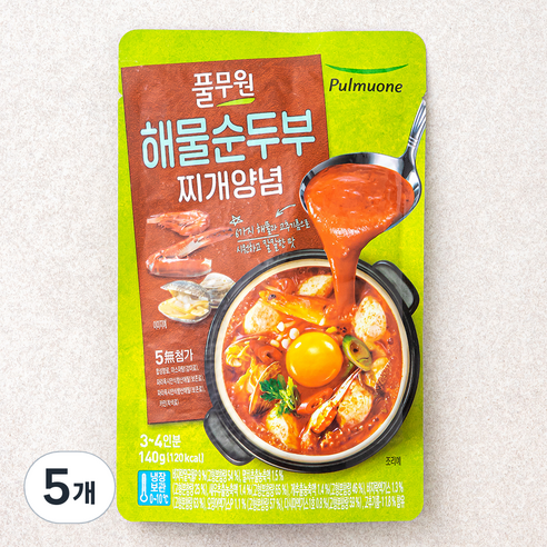 풀무원 해물 순두부찌개양념, 140g, 5개