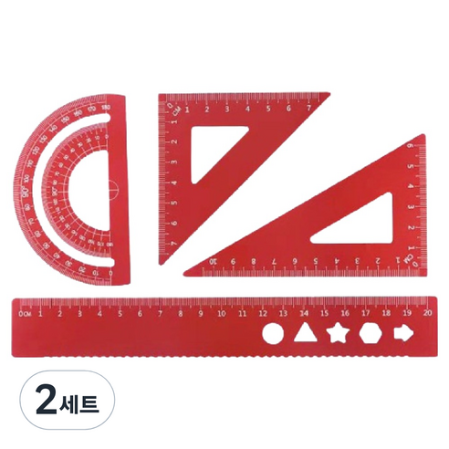 디엔오 스테인레스 삼각자 + 각도기 + 자 세트, 레드, 2세트