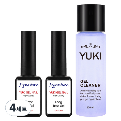 유키 젤네일 시그니처 클리어 세트, 4세트, 미러탑젤 7ml + 롱베이스젤 7ml + 젤클리너 100ml