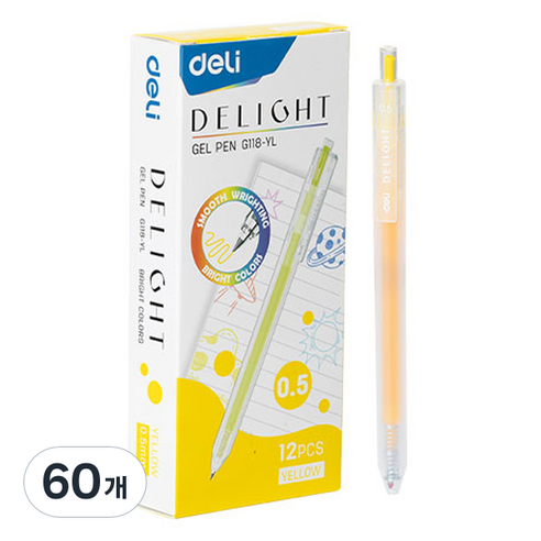 델리 델라이트 퀵드라이 노크식 젤잉크펜 0.5mm EQ118, 옐로우, 60개