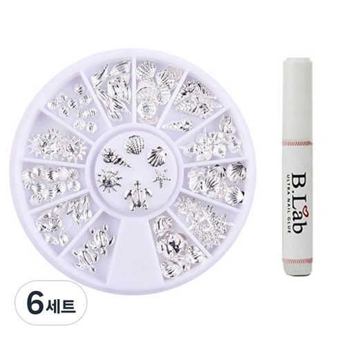 바블리 셀프네일 실버 참 스톤 바다 파츠 + 글루, 혼합 색상, 6세트