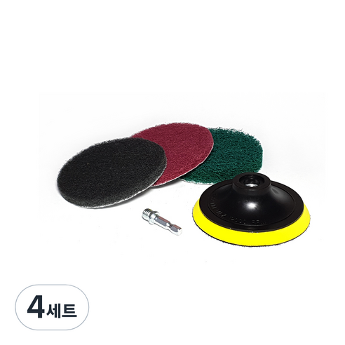 전동드릴용 청소 수세미 75mm 3종 + 백업 패드 + 연결 어댑터 세트, 회색, 적색, 녹색, 4세트