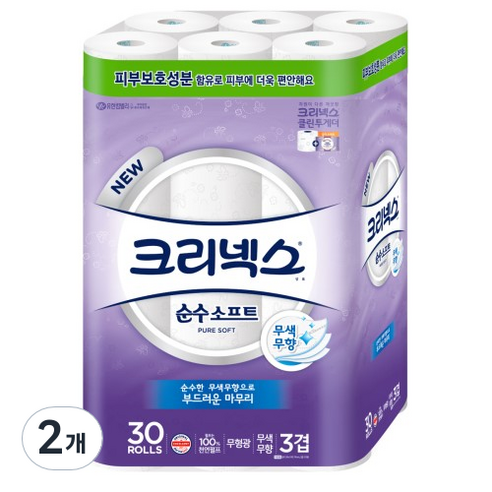 크리넥스 순수 소프트 천연펄프 3겹 롤화장지 30m, 30개입, 2개