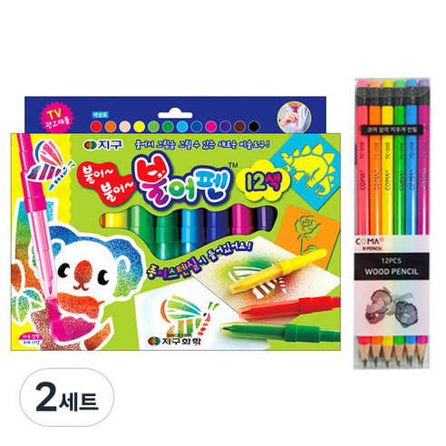 지구화학 불어펜 12색 + 투코비 코마 삼각지우개연필 TC-208 B 6종 x 2p 세트, 혼합색상, 2세트