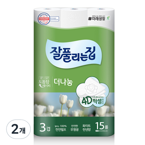 잘풀리는집 더나눔 천연펄프 3겹 롤화장지, 25m, 15롤, 2개