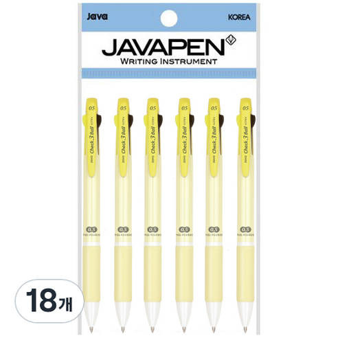 자바펜 체크 3볼 멀티펜 0.5mm, 옐로우, 18개