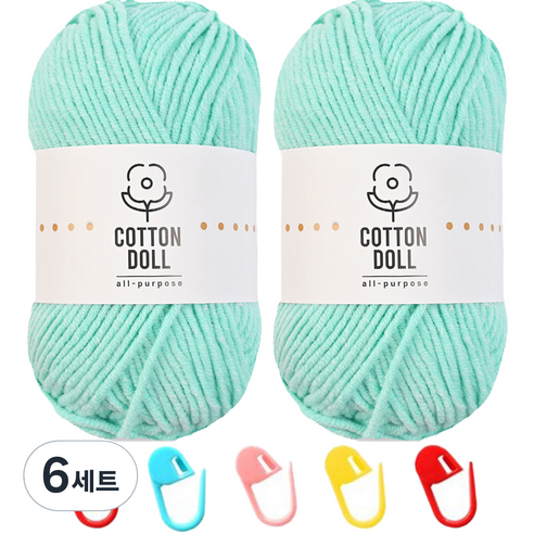 니뜨 코튼돌실 50g x 2p + 단수링 5p 세트, 28 파스텔아쿠아(뜨개실), 랜덤발송(단수링), 6세트