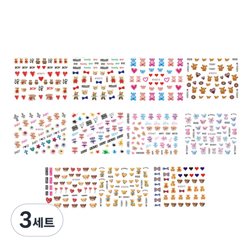 곰돌이 네일 스티커 11종 세트, 혼합색상, 3세트
