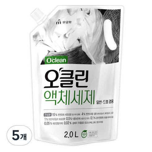 무궁화 오클린 액상 세탁세제 리필, 2L, 5개