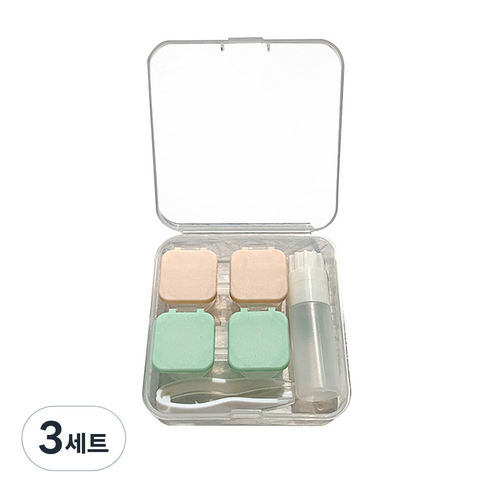알럽뷰 휴대용 콤팩트 렌즈케이스 2p + 보관함 + 집게 2p 세트, 스퀘어 핑크그린, 3세트