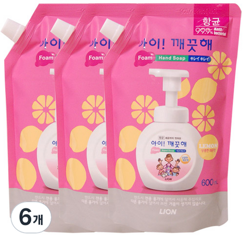 아이깨끗해 거품형 핸드솝 레몬 리필, 600ml, 6개