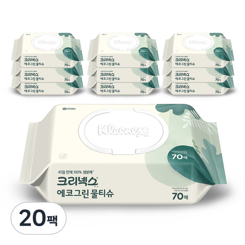 크리넥스 에코 그린 물티슈 캡형 랜덤 발송, 203g, 70매입, 20개