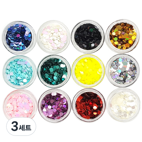 퍼니네일 원형 3mm 글리터 3g 12종 + 케이스 세트, 혼합 색상, 3세트