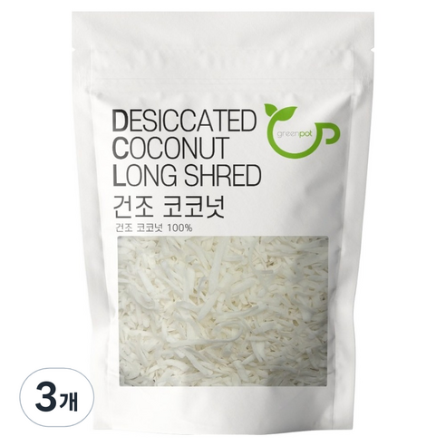 그린팟 건조 코코넛 롱 슬라이스, 3개, 300g