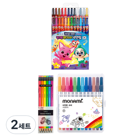 지구화학 핑크퐁 원더스타 색연필 24색 + 투코비 코마 삼각지우개연필 TC-208 B 6종 x 2p + 모나미 슈퍼사인펜 12색 세트, 2세트