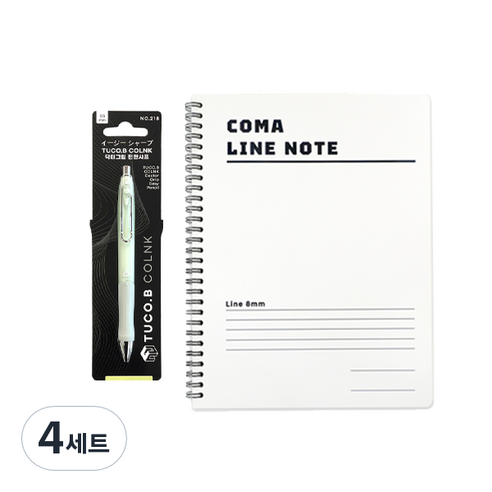 투코비 COLNK 닥터그립 편한샤프 랜덤발송 0.5mm + 투코비 코마 라인노트 스프링 B5 화이트, 4세트