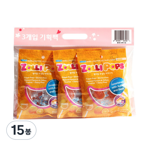 졸리팝 무설탕 막대사탕 오렌지, 40g, 15개