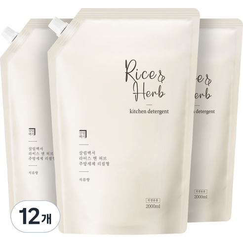 살림백서 라이스 앤 허브 주방세제 리필형 석류, 2L, 12개