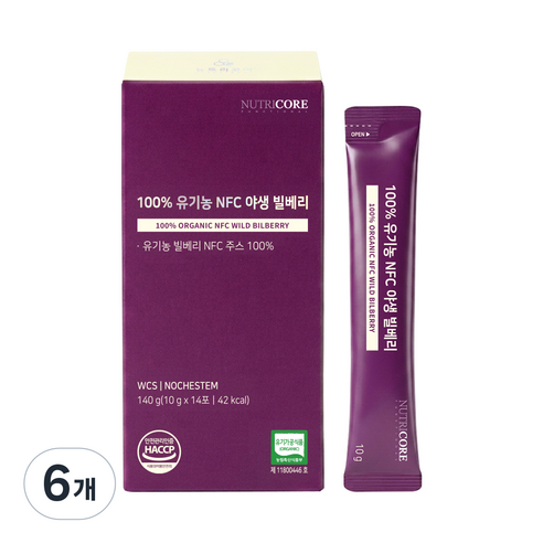 뉴트리코어 100% 유기농 NFC 야생 빌베리, 140g, 6개