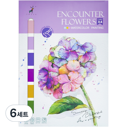 YUELU 어른 시니어 색칠공부 도안 수채화 그리기 세트 3W046 수채화꽃, 295 x 215 mm, 4매, 6세트