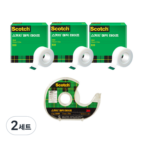 쓰리엠 스카치 매직 테이프 리필 810 12mm x 18m 3p + 디스펜서 810D 12mm x 20m, 혼합색상, 2세트