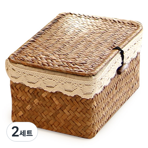 공간안애 뚜껑 사각 라탄 바구니 + 커버, 네츄럴, 2세트