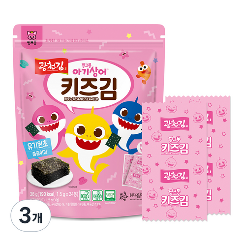 광천김 핑크퐁 아기상어 유기원초 줄줄이 키즈김, 36g, 3개