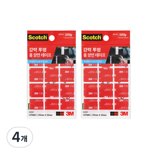 스카치 3M 강력 투명 폼 양면테이프 325CT 25 x 25mm 12p, 4개