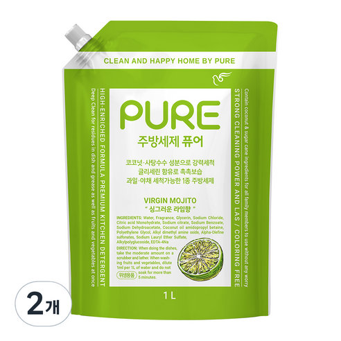 피죤퓨어 버진모히토 주방세제, 1L, 2개