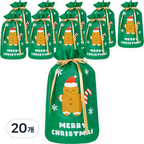 도나앤데코 크리스마스 선물 포장 부직포백 22 x 32 cm, 20개, 그린(쿠키산타)