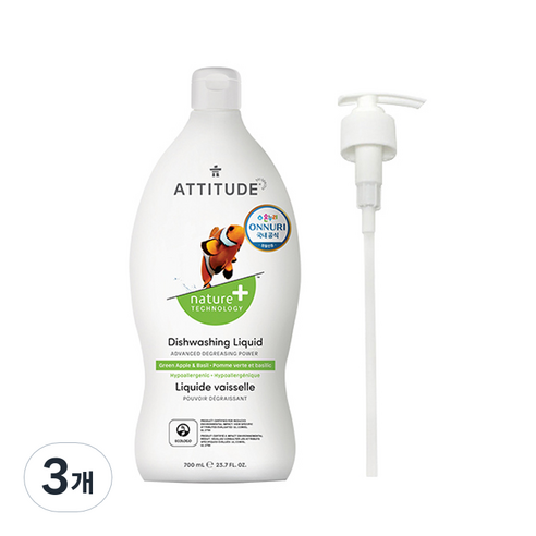 에티튜드 천연 주방세제 그린애플앤바질 향, 700ml, 3개