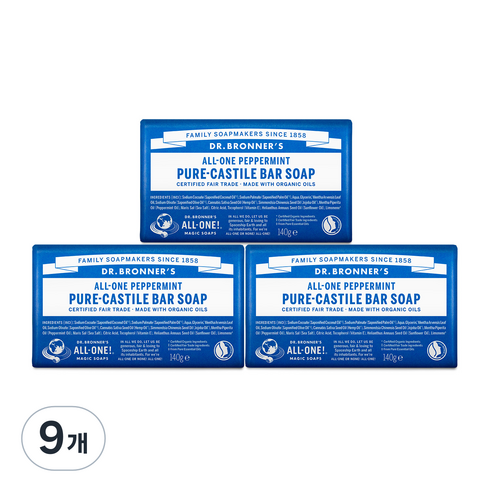 닥터브로너스 페퍼민트 퓨어 캐스틸 바 솝, 140g, 9개