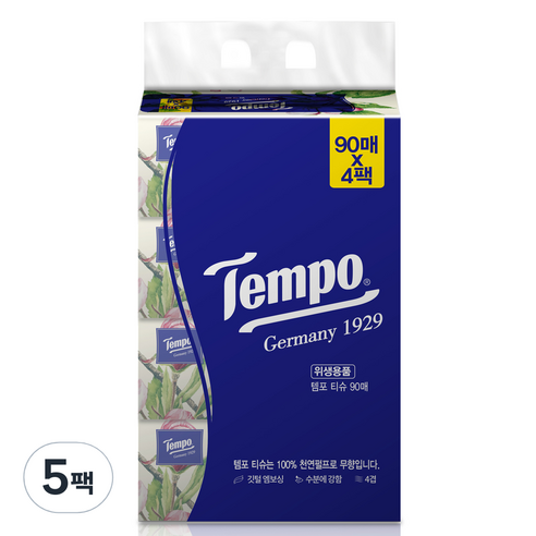 템포 프리미엄 천연펄프 소프트 티슈 4겹 90매, 4개입, 5팩