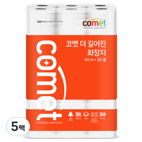 코멧 더 길어진 화장지 천연펄프 3겹 40m, 30개입, 5개