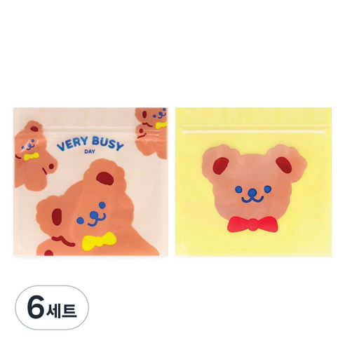 인디케이 바쁜 곰돌이 지퍼백 10p + 리본 곰돌이 지퍼백 10p 세트, 혼합색상, 6세트