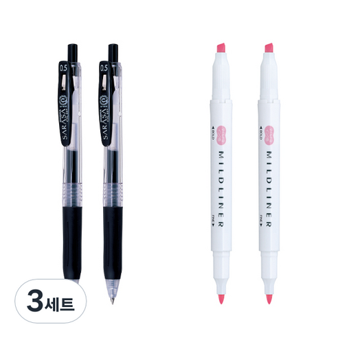 제브라 마일드라이너 마카 2p + 사라사 클립 볼펜 0.5mm 2p 세트, 핑크(마일드라이너), 검정(볼펜), 3세트