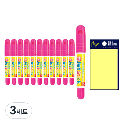 동아 고체형광펜 제트스틱 12p + 투코비 스티키 메모패드 세트, 분홍(제트스틱), 노랑(포스트인), 3세트
