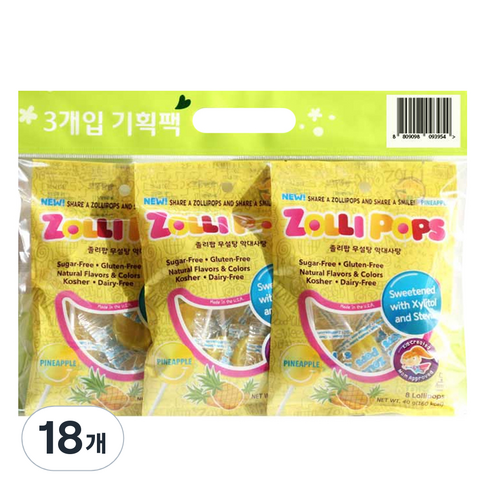 졸리팝 무설탕 막대사탕 파인애플맛, 40g, 18개