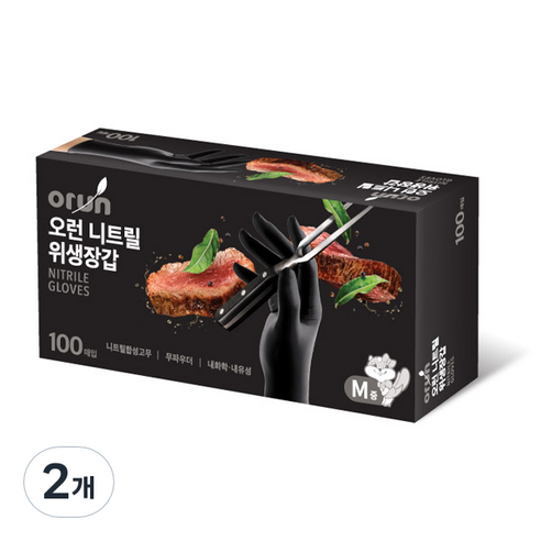 오런 니트릴 위생장갑 100P, 블랙, 중(M), 2개