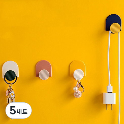 아필코 인테리어 부착형 벽걸이 후크 4종 세트, 화이트 + 핑크 + 옐로우 + 블루, 5세트