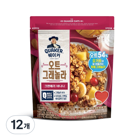 롯데제과 퀘이커 오트 그래놀라 시리얼 크랜베리바나나, 200g, 12개