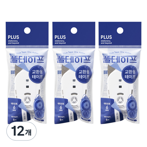 PLUS 풀테이프 원액션 TG-1910 6mm x 8m 리필용, 투명, 12개