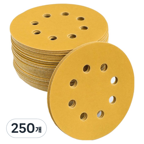 OON 8홀 원형 100방 샌딩 페이퍼 골드 125mm, 250개