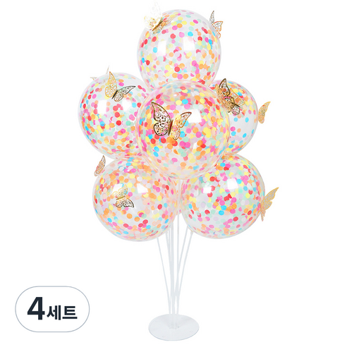 파티쇼 풍선꽂이 70cm 컨페티 풍선 레인보우 1개 + 나비데코 2개 세트, 골드(나비데코), 4세트