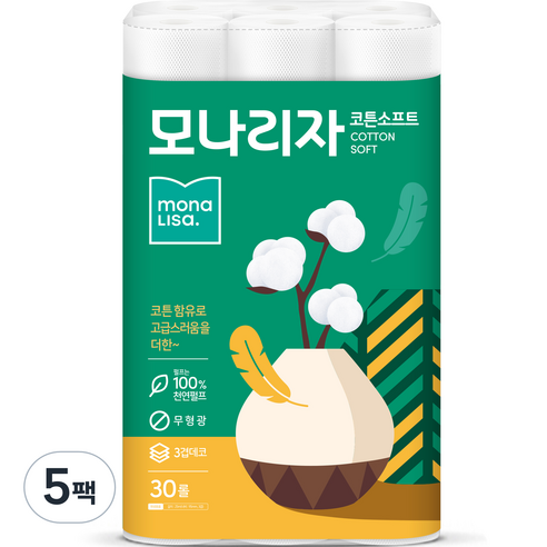 모나리자 천연펄프 3겹 코튼소프트 화장지 25m, 5팩, 30롤