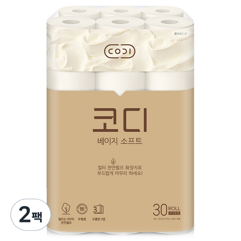 코디 베이지소프트 3겹 천연펄프 롤화장지 30m, 30롤, 2팩